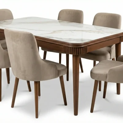 Ljus Marmor Matbord & 6 Stolar (Brunt)