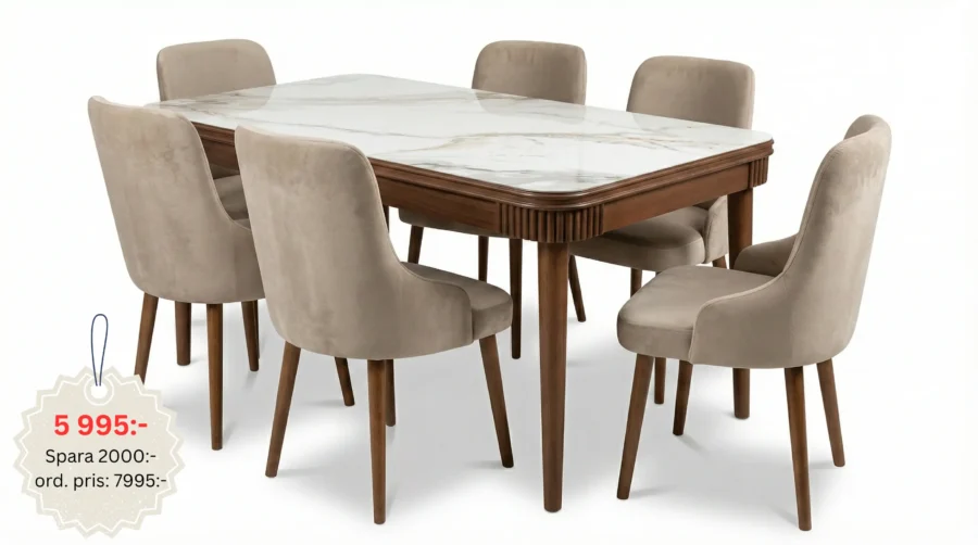 Matbord Med 6 Stolar 3 Ljus Marmor Matbord & 6 Stolar (Brunt) - Bild 1